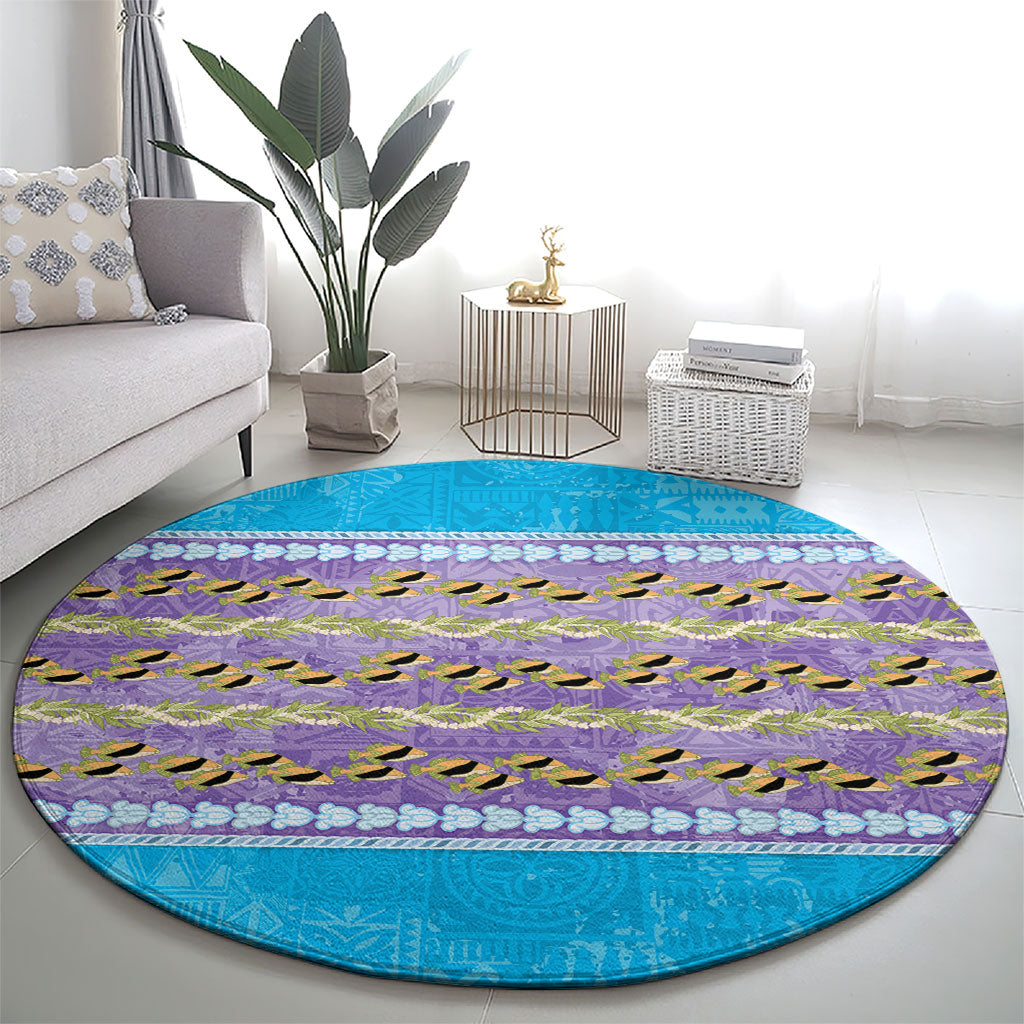 Hawaii Humuhumu Fish Maile Pikake Lei Round Carpet Tribal Tapa Blue Version