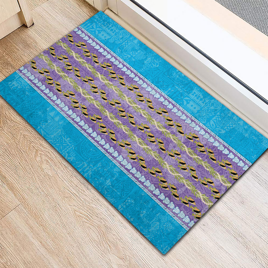 Hawaii Humuhumu Fish Maile Pikake Lei Rubber Doormat Tribal Tapa Blue Version