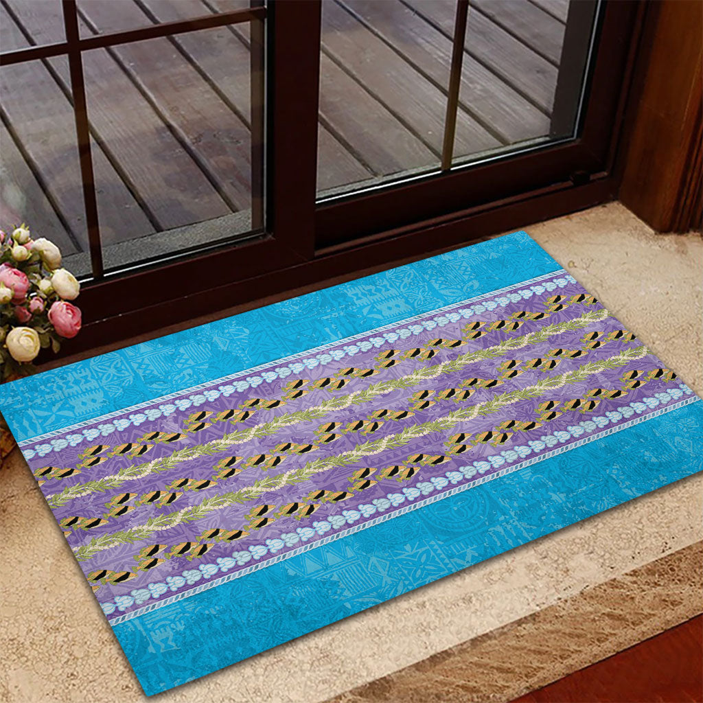 Hawaii Humuhumu Fish Maile Pikake Lei Rubber Doormat Tribal Tapa Blue Version