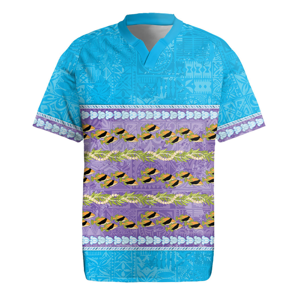 Hawaii Humuhumu Fish Maile Pikake Lei Rugby Jersey Tribal Tapa Blue Version