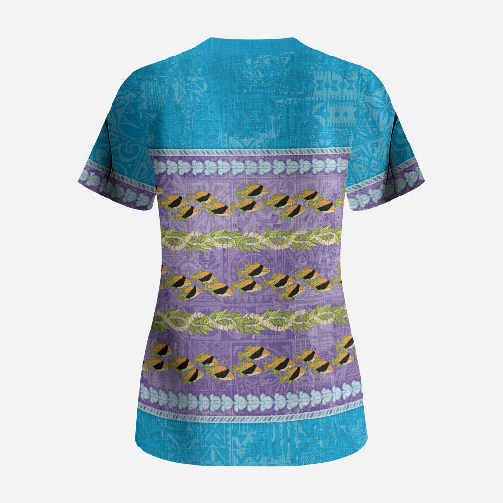 Hawaii Humuhumu Fish Maile Pikake Lei Scrub Top Tribal Tapa Blue Version