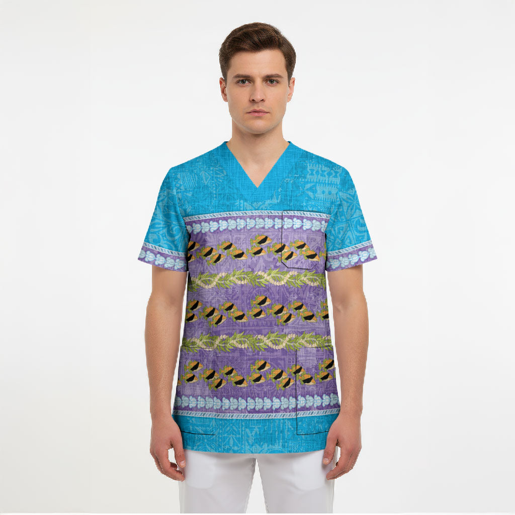 Hawaii Humuhumu Fish Maile Pikake Lei Scrub Top Tribal Tapa Blue Version