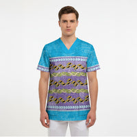 Hawaii Humuhumu Fish Maile Pikake Lei Scrub Top Tribal Tapa Blue Version