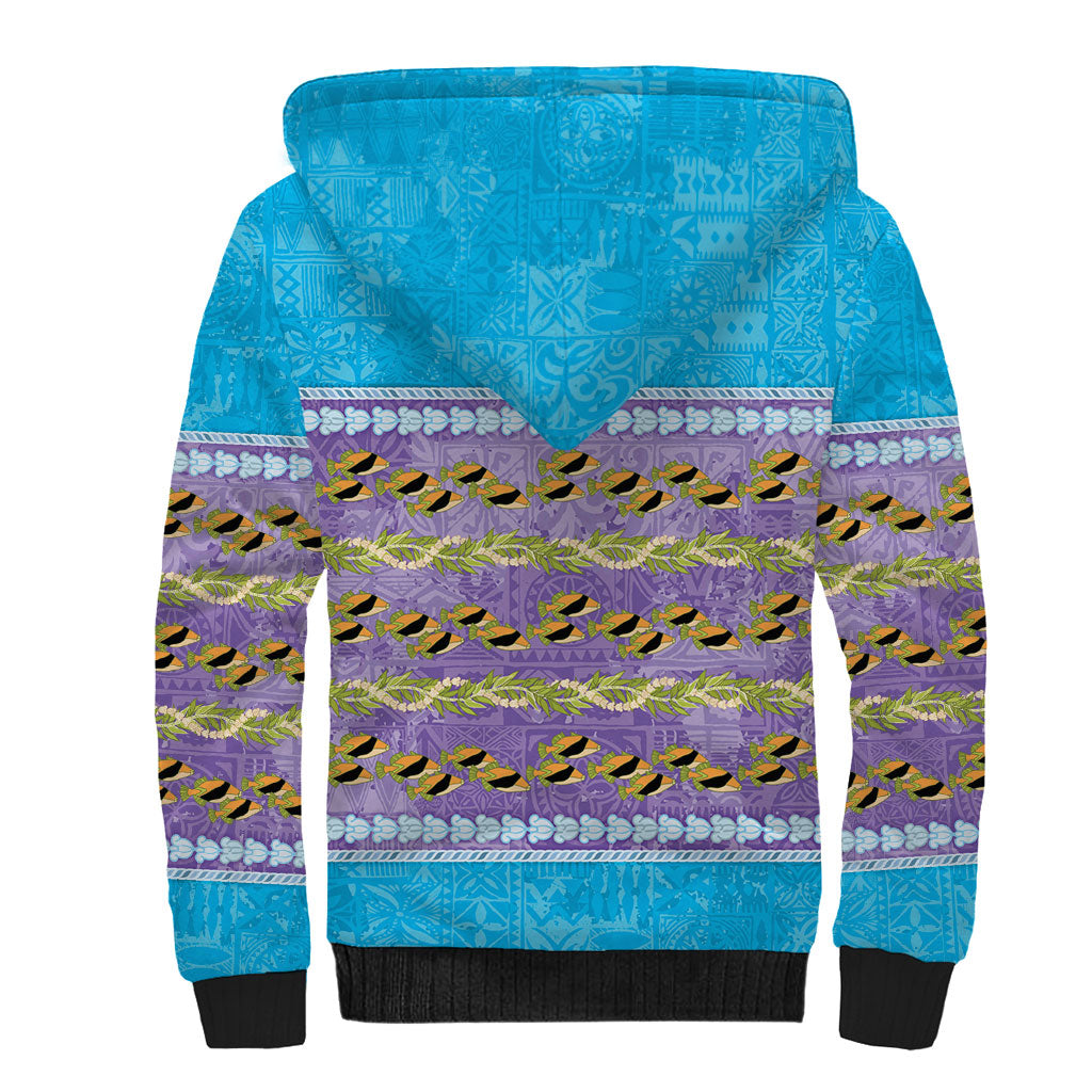 Hawaii Humuhumu Fish Maile Pikake Lei Sherpa Hoodie Tribal Tapa Blue Version