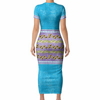 Hawaii Humuhumu Fish Maile Pikake Lei Short Sleeve Bodycon Dress Tribal Tapa Blue Version