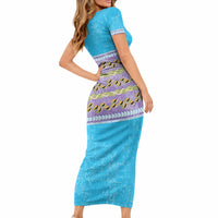 Hawaii Humuhumu Fish Maile Pikake Lei Short Sleeve Bodycon Dress Tribal Tapa Blue Version
