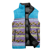 Hawaii Humuhumu Fish Maile Pikake Lei Sleeveless Puffer Jacket Tribal Tapa Blue Version