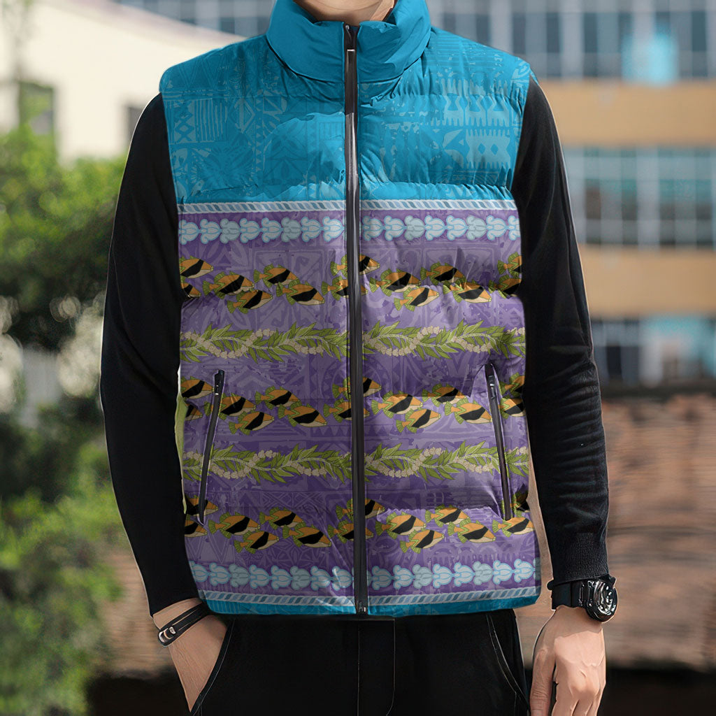 Hawaii Humuhumu Fish Maile Pikake Lei Sleeveless Puffer Jacket Tribal Tapa Blue Version