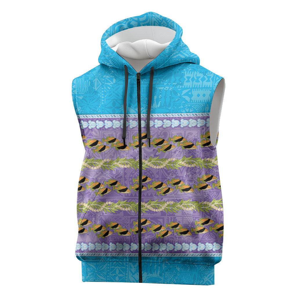 Hawaii Humuhumu Fish Maile Pikake Lei Sleeveless Zip Hoodie Tribal Tapa Blue Version