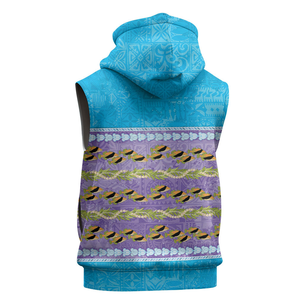 Hawaii Humuhumu Fish Maile Pikake Lei Sleeveless Zip Hoodie Tribal Tapa Blue Version