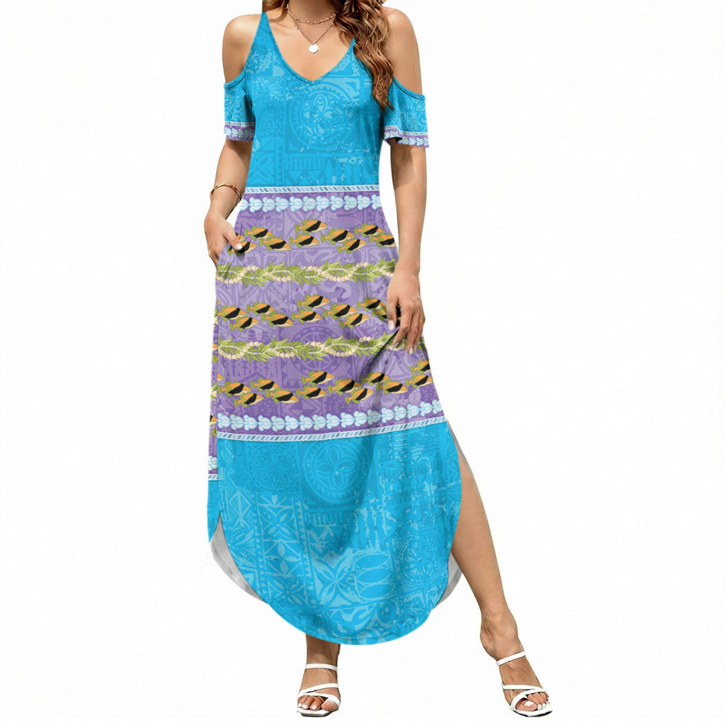 Hawaii Humuhumu Fish Maile Pikake Lei Summer Maxi Dress Tribal Tapa Blue Version