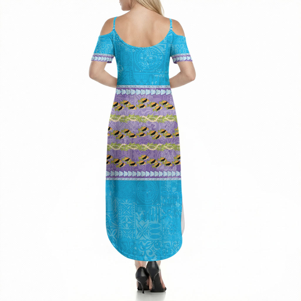 Hawaii Humuhumu Fish Maile Pikake Lei Summer Maxi Dress Tribal Tapa Blue Version