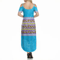 Hawaii Humuhumu Fish Maile Pikake Lei Summer Maxi Dress Tribal Tapa Blue Version