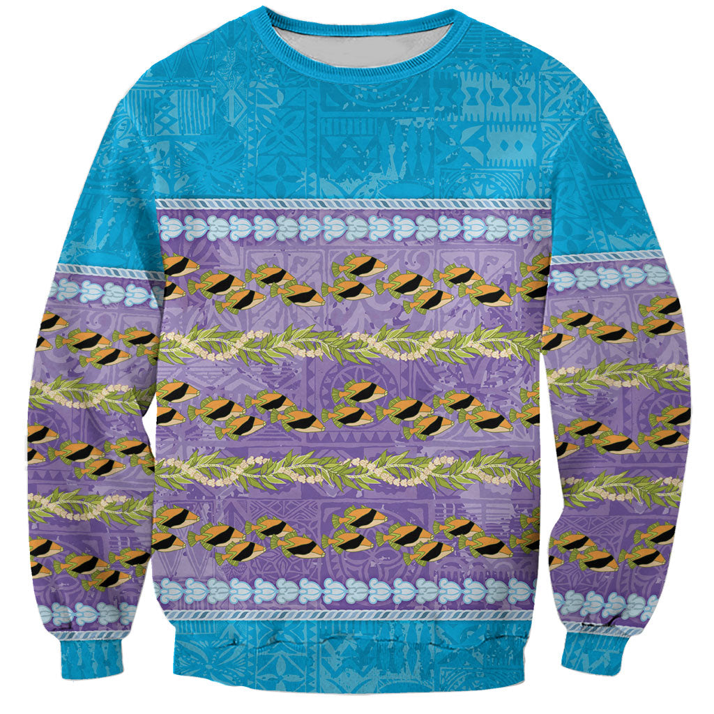 Hawaii Humuhumu Fish Maile Pikake Lei Sweatshirt Tribal Tapa Blue Version LT05 Unisex Blue - Polynesian Pride