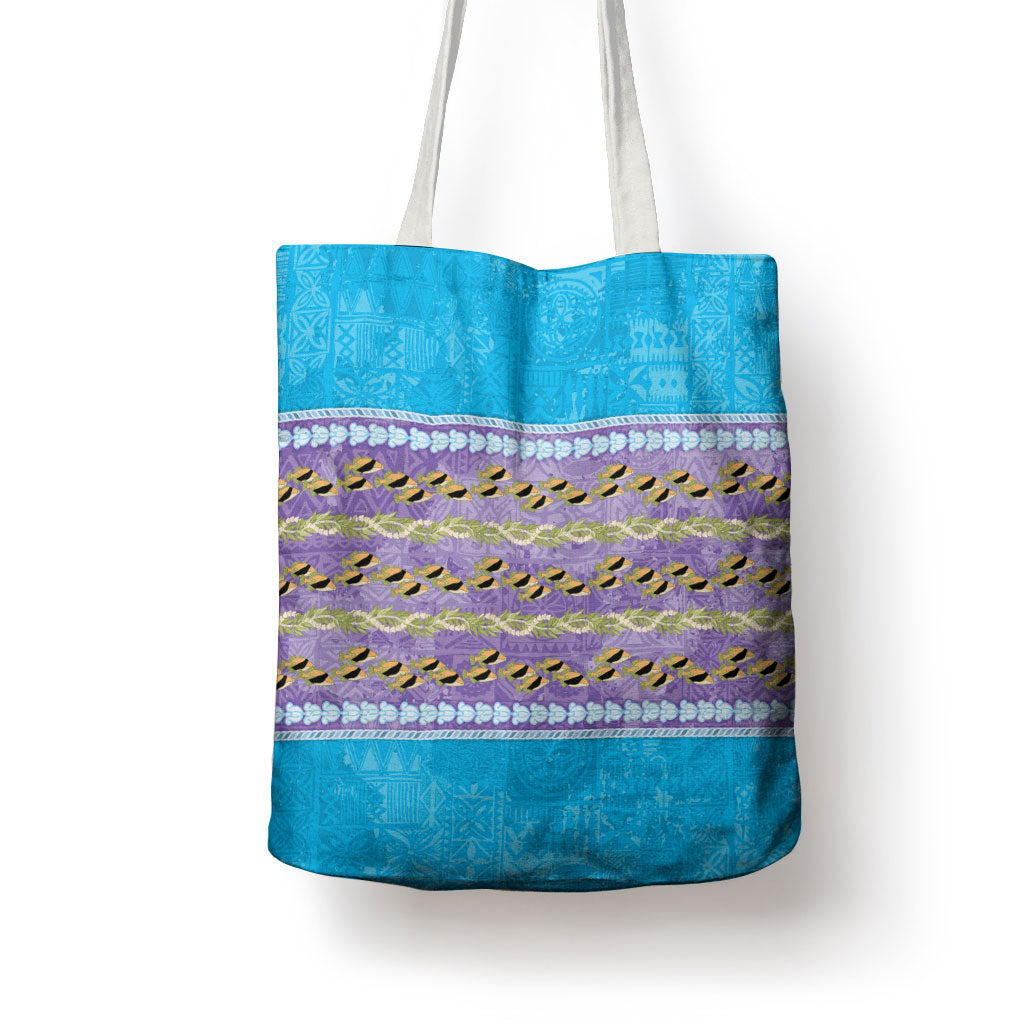 Hawaii Humuhumu Fish Maile Pikake Lei Tote Bag Tribal Tapa Blue Version