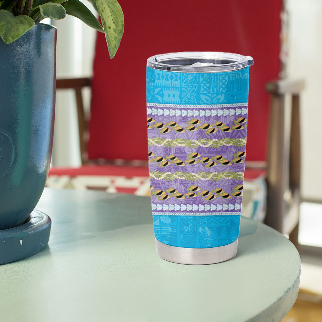 Hawaii Humuhumu Fish Maile Pikake Lei Tumbler Cup Tribal Tapa Blue Version