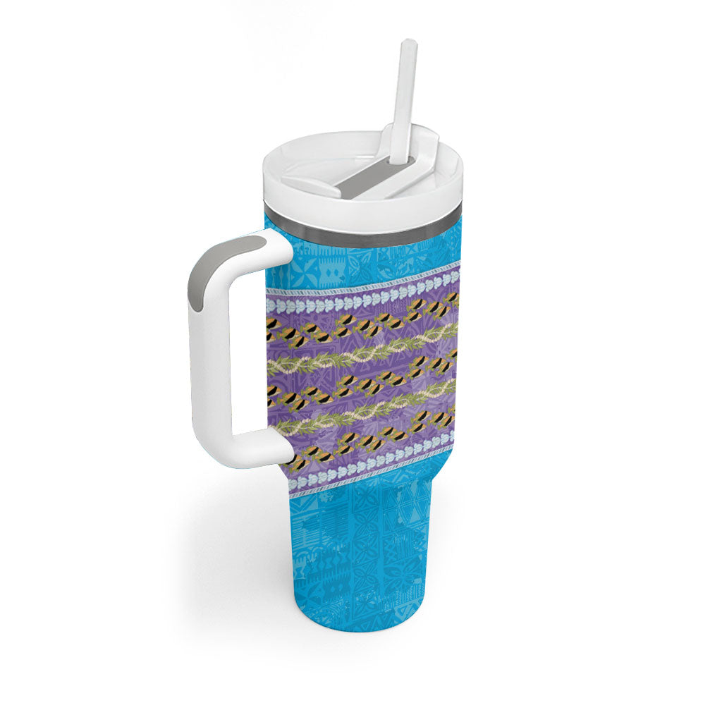 Hawaii Humuhumu Fish Maile Pikake Lei Tumbler With Handle Tribal Tapa Blue Version