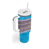 Hawaii Humuhumu Fish Maile Pikake Lei Tumbler With Handle Tribal Tapa Blue Version