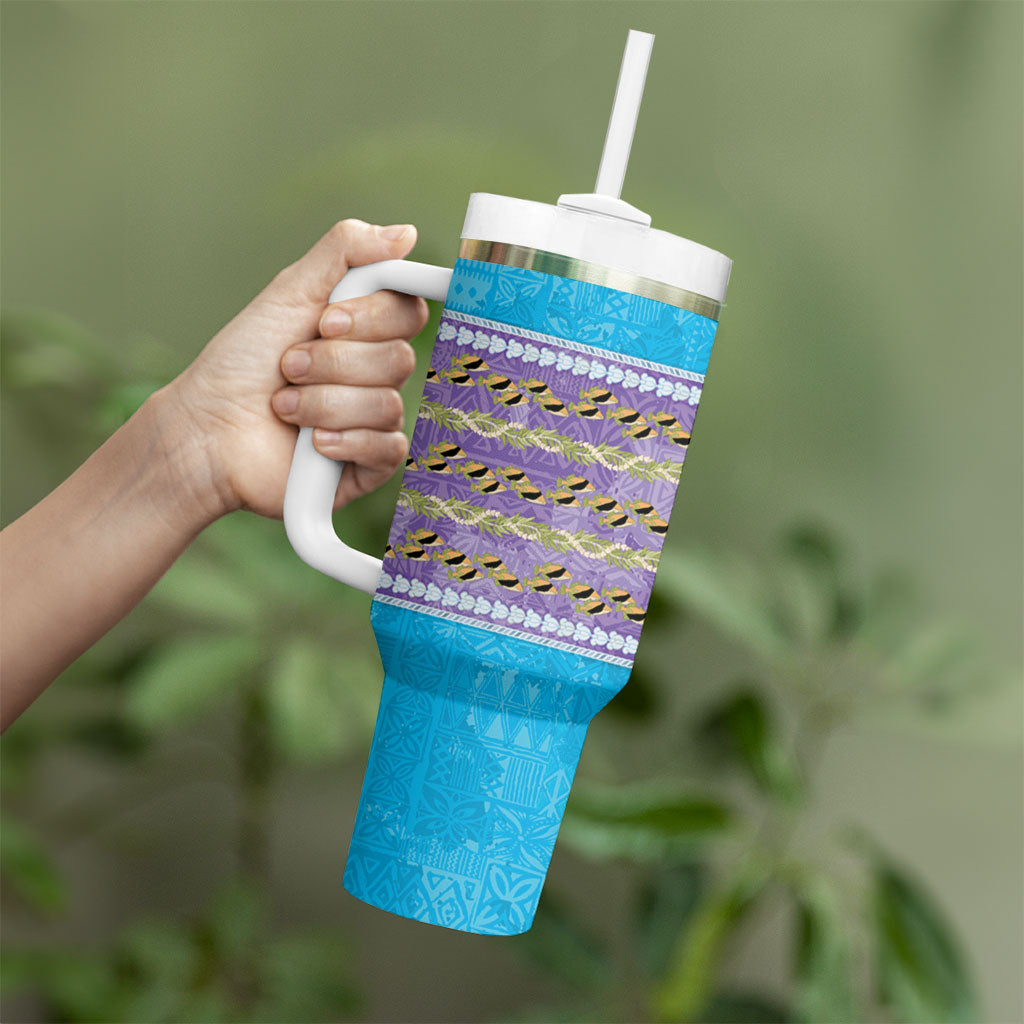 Hawaii Humuhumu Fish Maile Pikake Lei Tumbler With Handle Tribal Tapa Blue Version