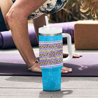 Hawaii Humuhumu Fish Maile Pikake Lei Tumbler With Handle Tribal Tapa Blue Version