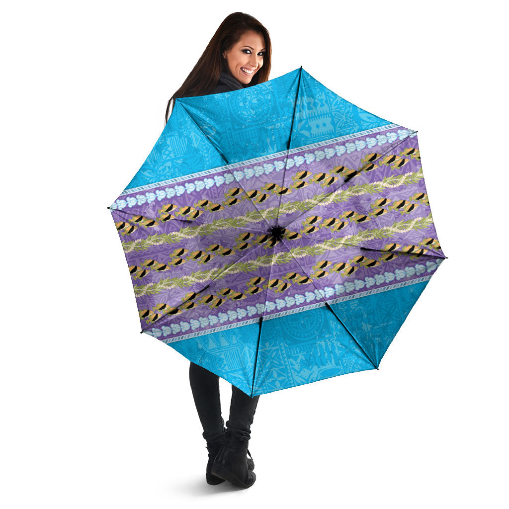 Hawaii Humuhumu Fish Maile Pikake Lei Umbrella Tribal Tapa Blue Version