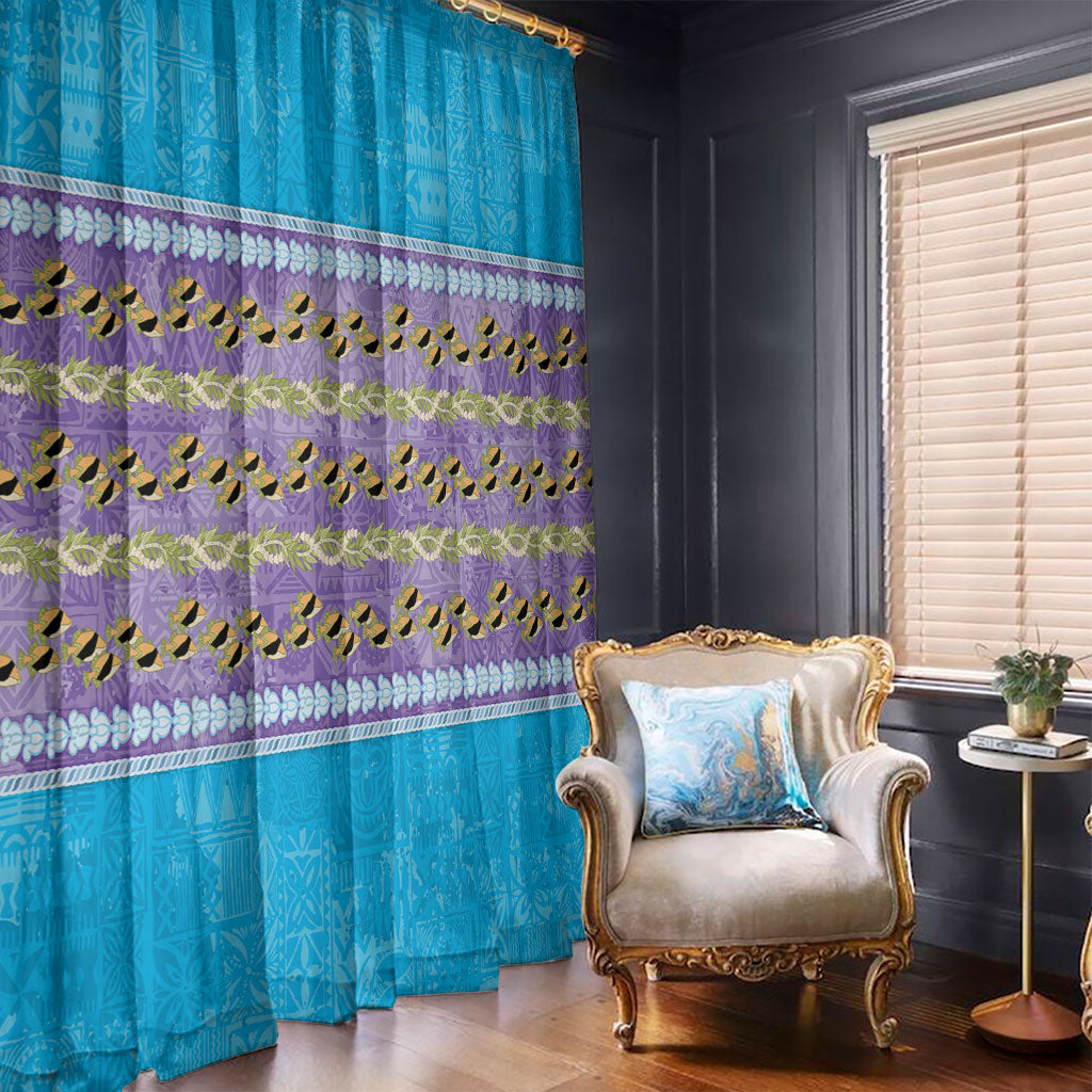 Hawaii Humuhumu Fish Maile Pikake Lei Window Curtain Tribal Tapa Blue Version