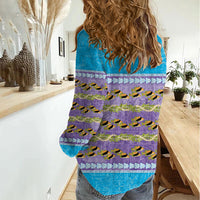 Hawaii Humuhumu Fish Maile Pikake Lei Women Casual Shirt Tribal Tapa Blue Version