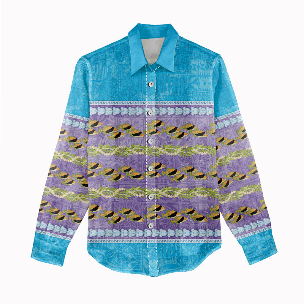 Hawaii Humuhumu Fish Maile Pikake Lei Women Casual Shirt Tribal Tapa Blue Version