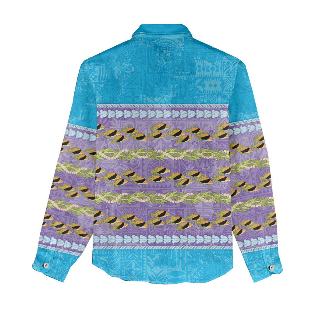 Hawaii Humuhumu Fish Maile Pikake Lei Women Casual Shirt Tribal Tapa Blue Version