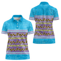 Hawaii Humuhumu Fish Maile Pikake Lei Women Polo Shirt Tribal Tapa Blue Version