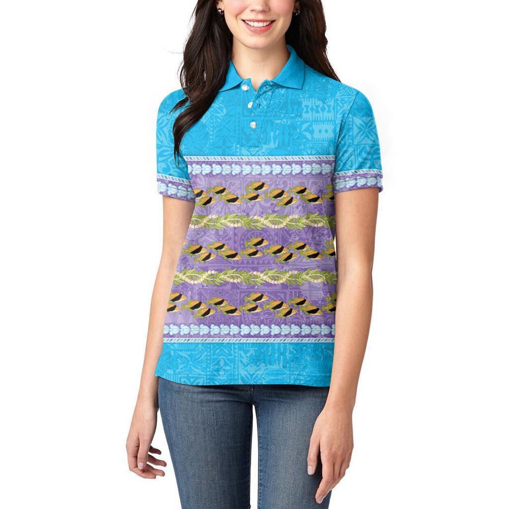 Hawaii Humuhumu Fish Maile Pikake Lei Women Polo Shirt Tribal Tapa Blue Version
