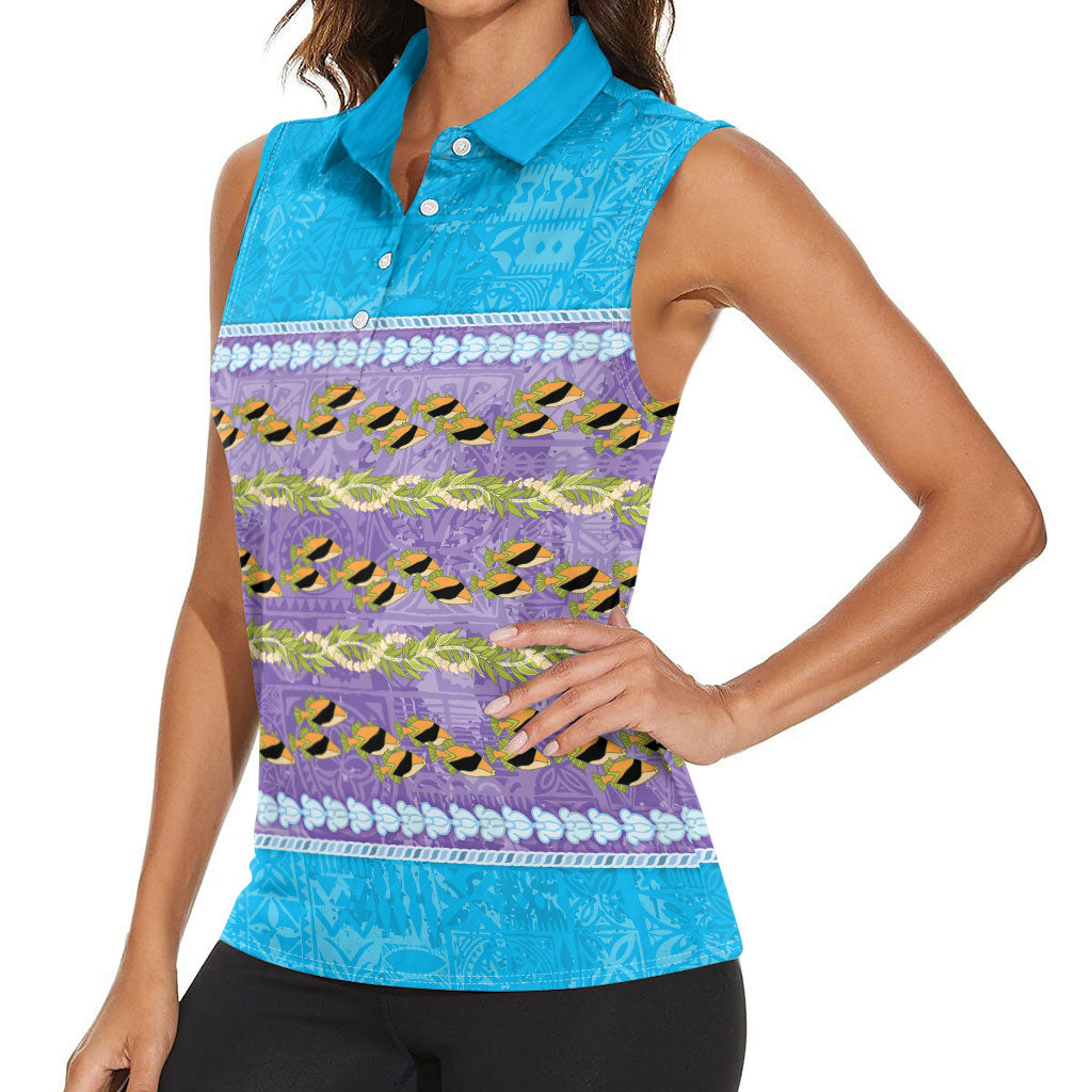 Hawaii Humuhumu Fish Maile Pikake Lei Women Sleeveless Polo Shirt Tribal Tapa Blue Version