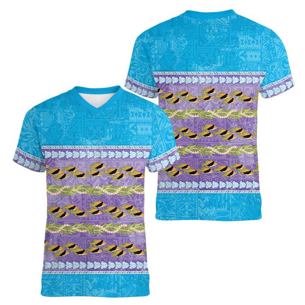 Hawaii Humuhumu Fish Maile Pikake Lei Women V-Neck T-Shirt Tribal Tapa Blue Version