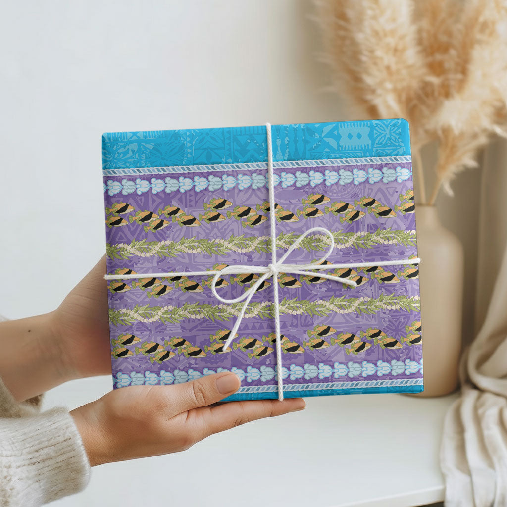 Hawaii Humuhumu Fish Maile Pikake Lei Wrapping Paper Tribal Tapa Blue Version