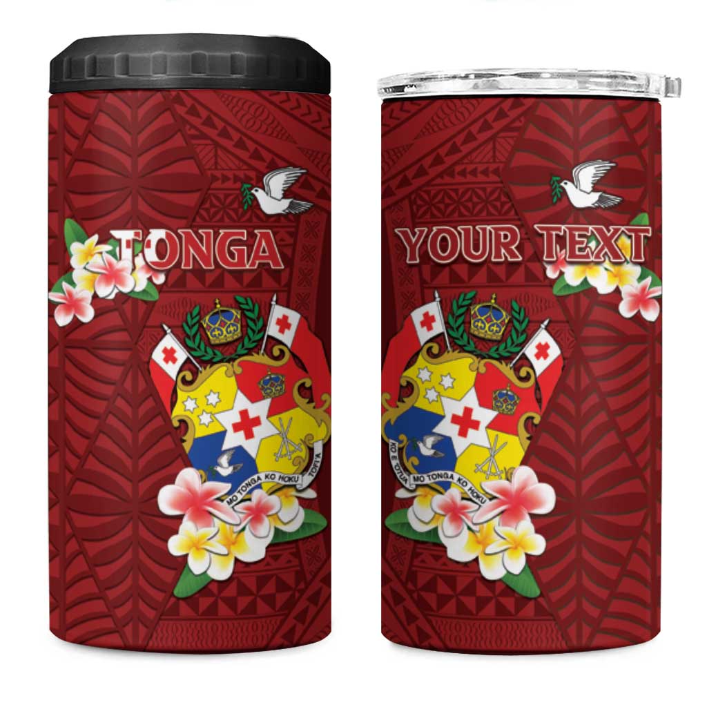 Personalised Tonga 4 in 1 Can Cooler Tumbler Coat Of Arms Plumeria With Ngatu Pattern