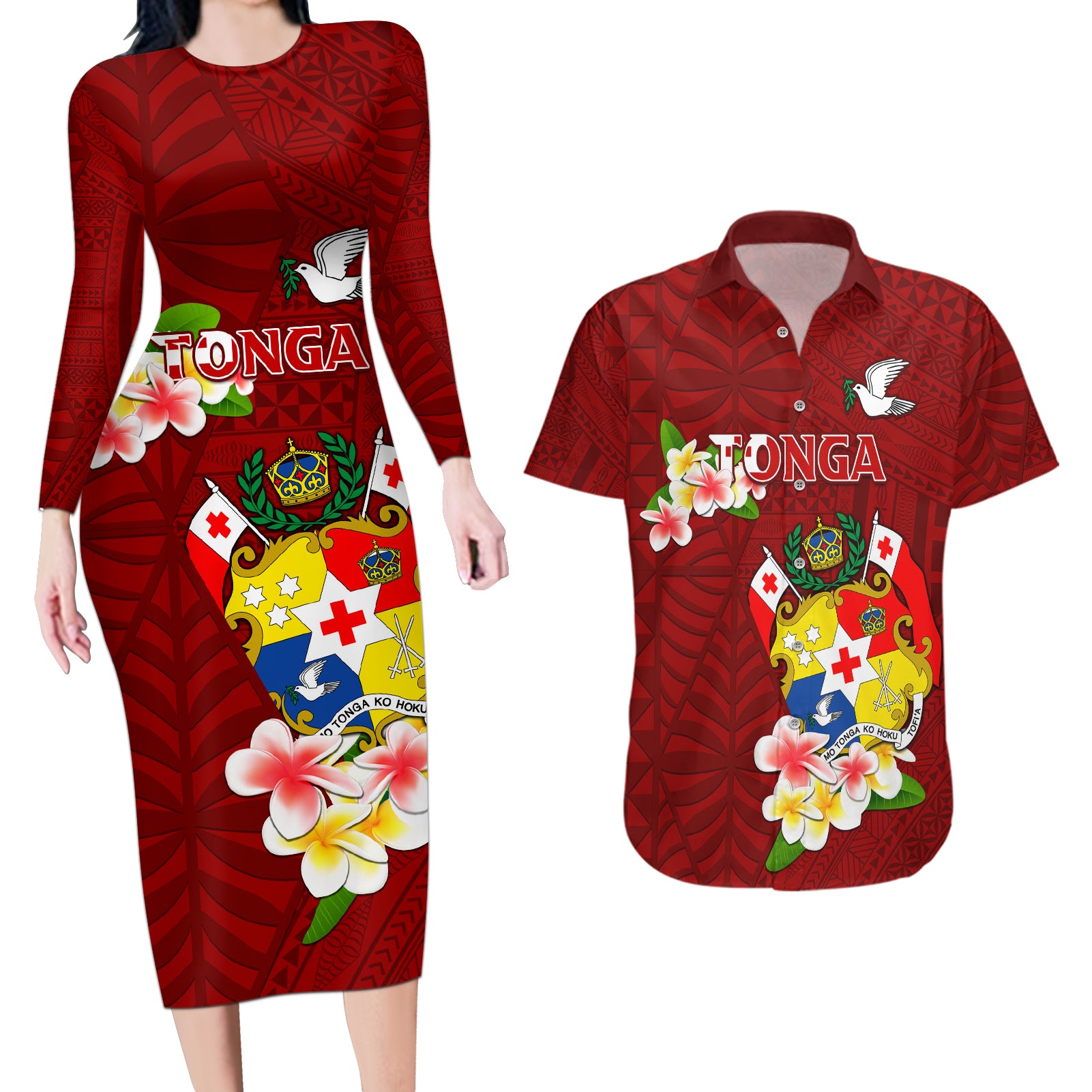 Personalized Tonga Couples Matching Long Sleeve Bodycon Dress and Hawaiian Shirt Coat Of Arms Plumeria With Ngatu Pattern LT05 Red - Polynesian Pride