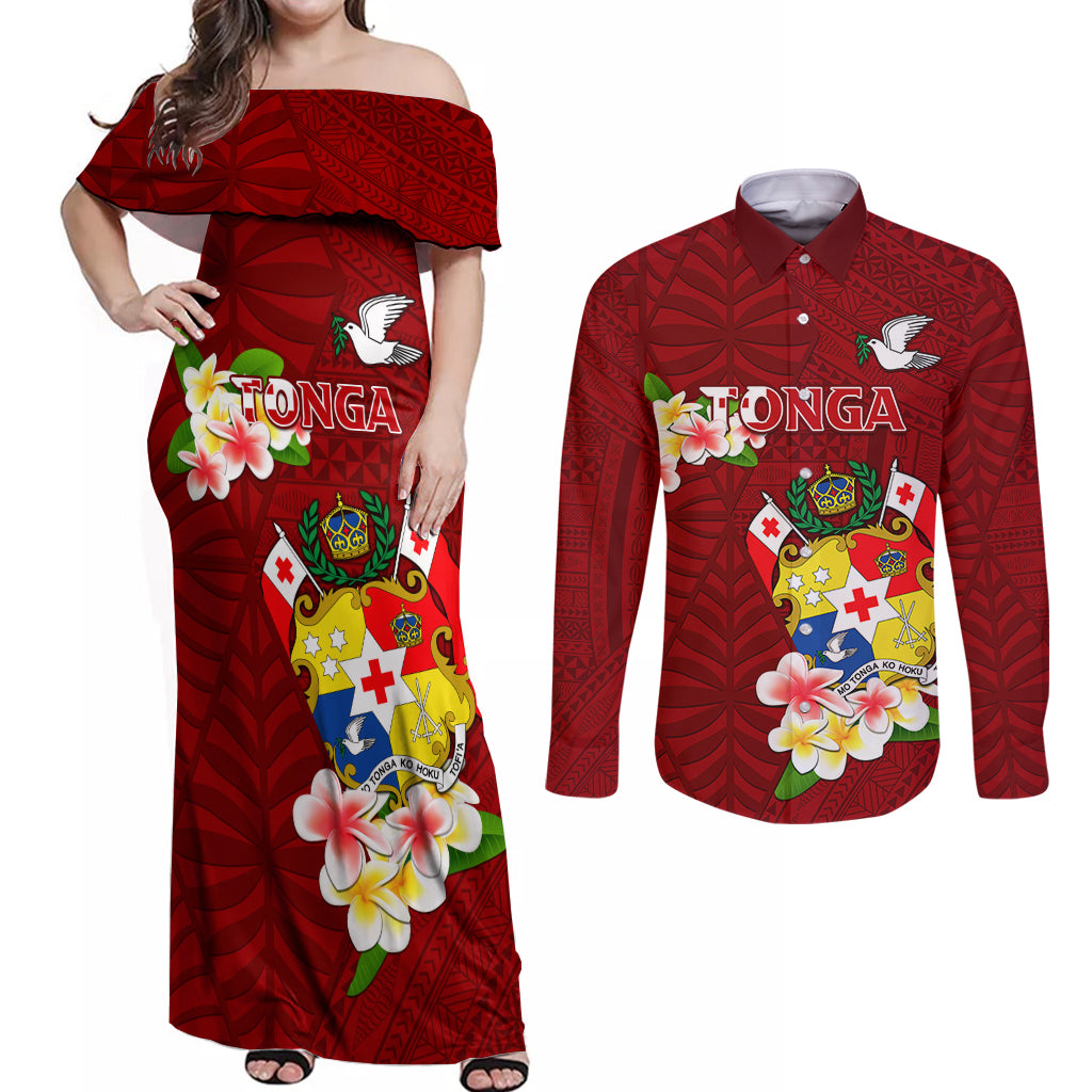 Personalized Tonga Couples Matching Off Shoulder Maxi Dress and Long Sleeve Button Shirts Coat Of Arms Plumeria With Ngatu Pattern LT05 Red - Polynesian Pride