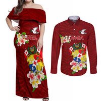 Personalized Tonga Couples Matching Off Shoulder Maxi Dress and Long Sleeve Button Shirts Coat Of Arms Plumeria With Ngatu Pattern LT05 Red - Polynesian Pride