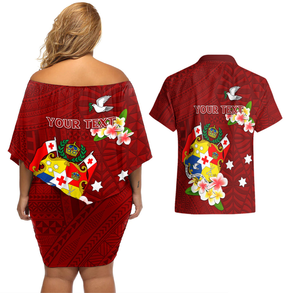 Personalized Tonga Couples Matching Off Shoulder Short Dress and Hawaiian Shirt Coat Of Arms Plumeria With Ngatu Pattern LT05 - Polynesian Pride