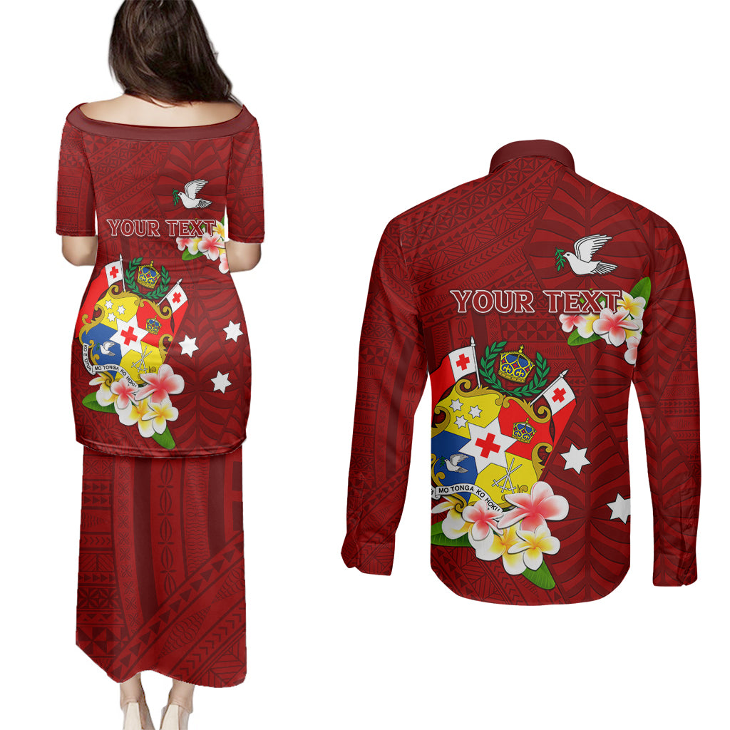 Personalized Tonga Couples Matching Puletasi Dress and Long Sleeve Button Shirts Coat Of Arms Plumeria With Ngatu Pattern LT05 - Polynesian Pride