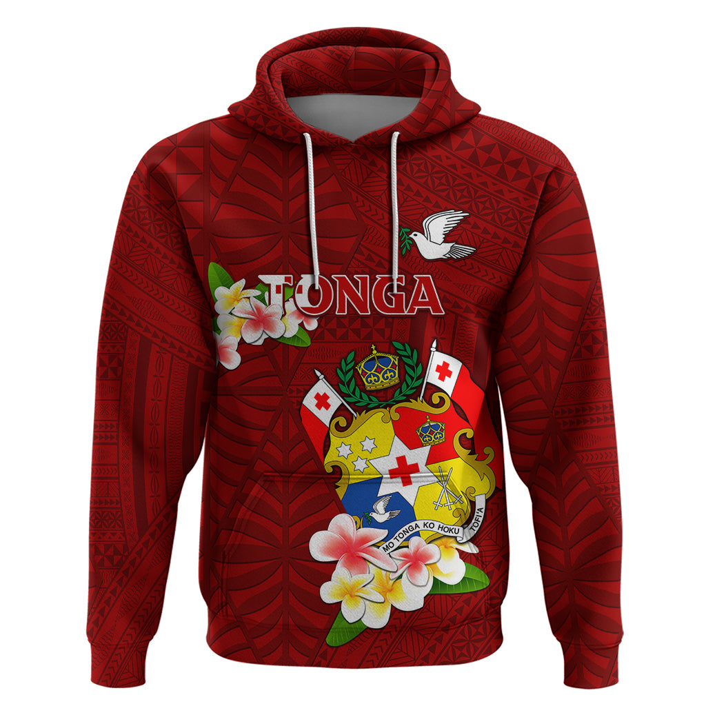 Personalized Tonga Hoodie Coat Of Arms Plumeria With Ngatu Pattern LT05 Red - Polynesian Pride