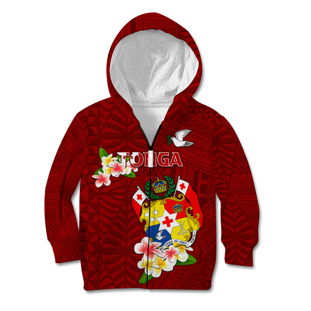 Personalized Tonga Kid Hoodie Coat Of Arms Plumeria With Ngatu Pattern LT05 Zip Hoodie Red - Polynesian Pride