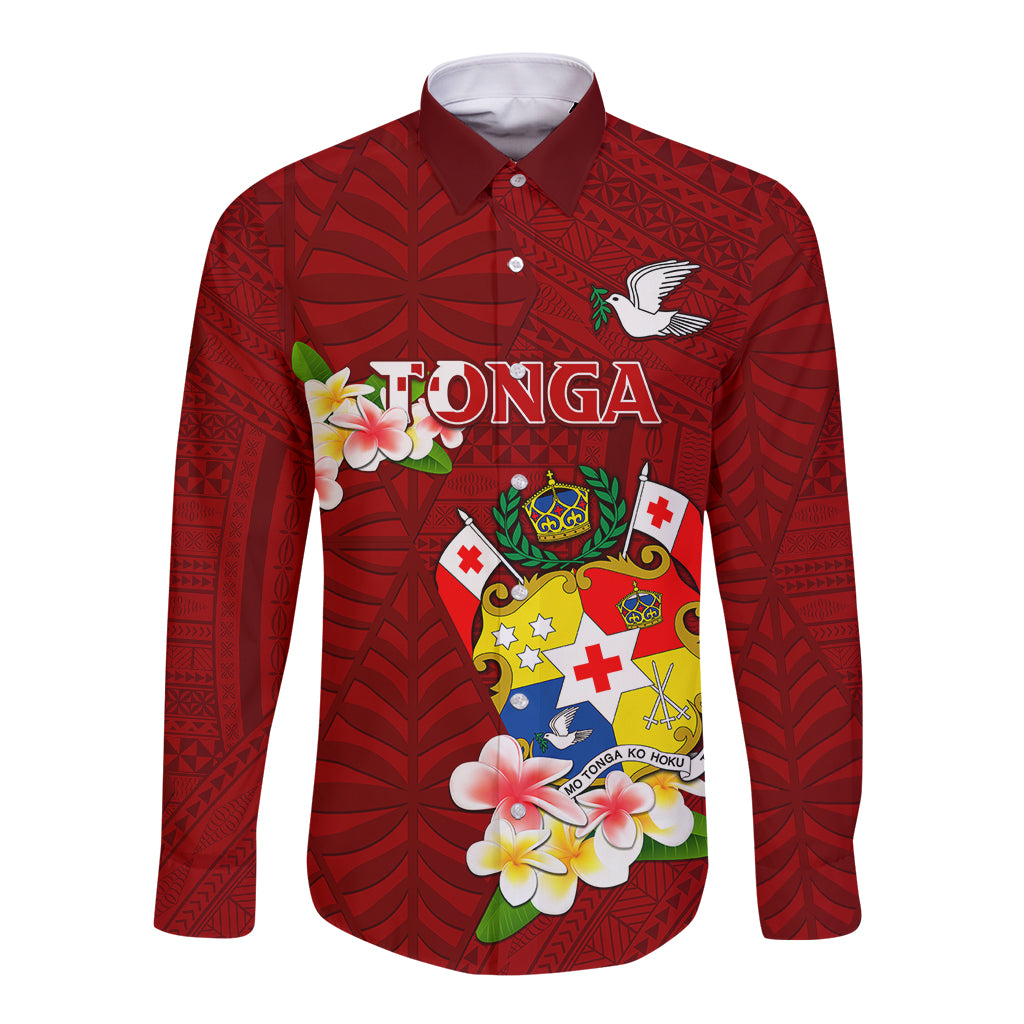 Personalized Tonga Long Sleeve Button Shirt Coat Of Arms Plumeria With Ngatu Pattern LT05 Unisex Red - Polynesian Pride