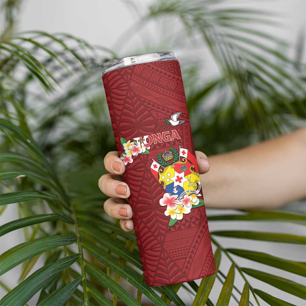 Personalised Tonga Skinny Tumbler Coat Of Arms Plumeria With Ngatu Pattern