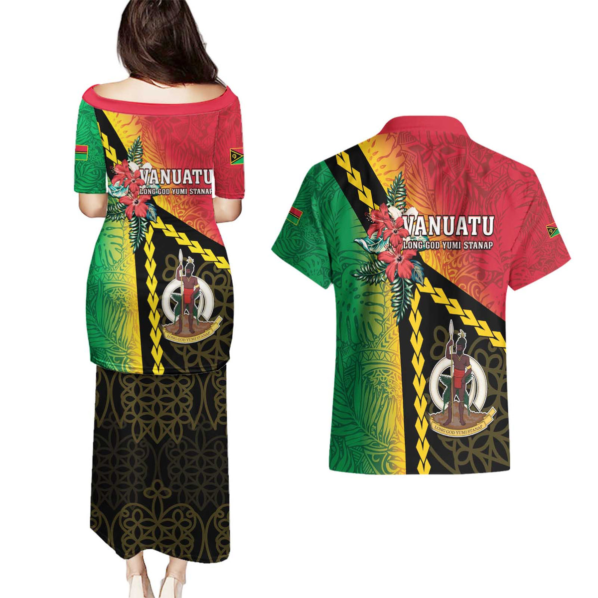 Happy Vanuatu Constitution Day Couples Matching Puletasi and Hawaiian Shirt Flag Style With Sand Drawing Pattern