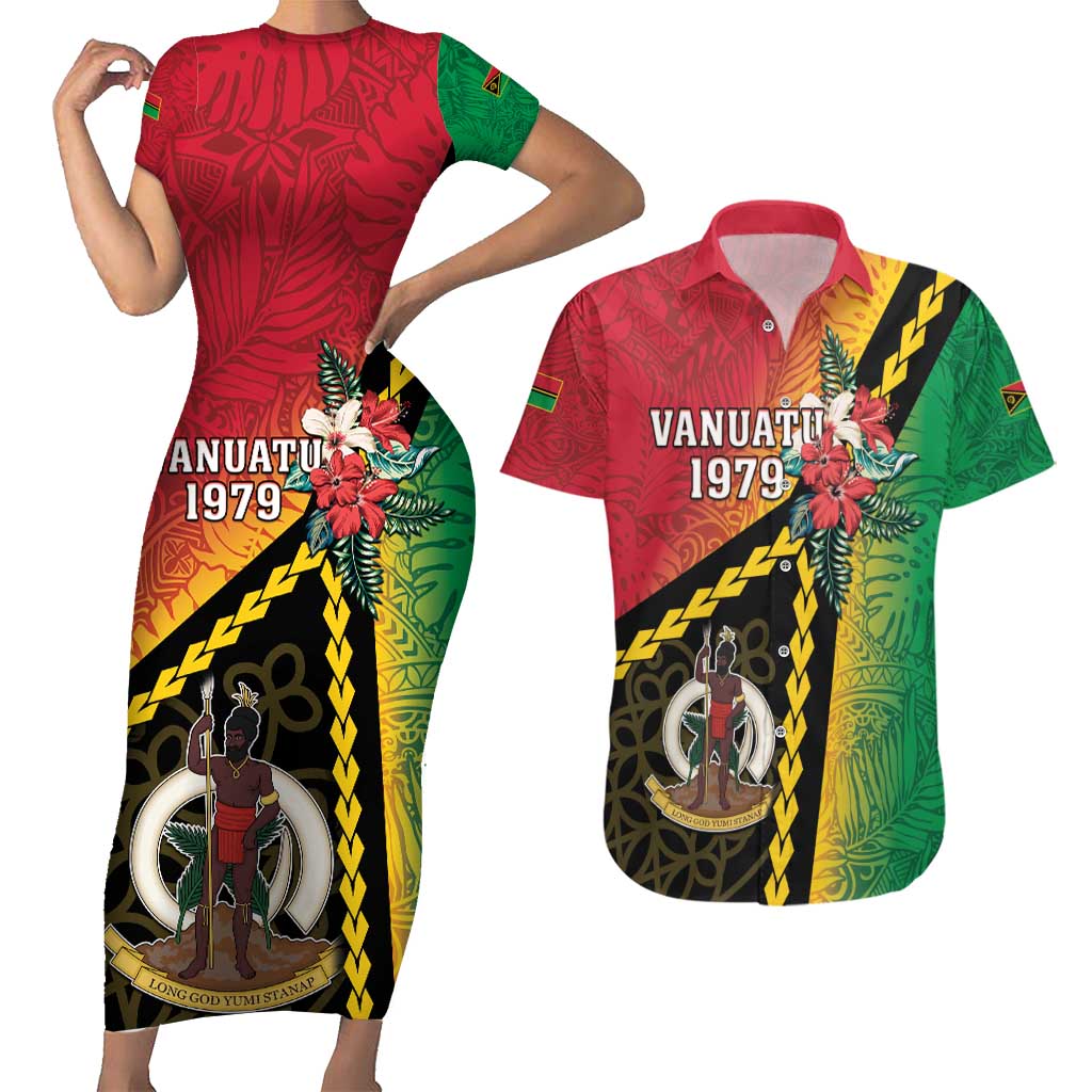 Happy Vanuatu Constitution Day Couples Matching Short Sleeve Bodycon Dress and Hawaiian Shirt Flag Style With Sand Drawing Pattern