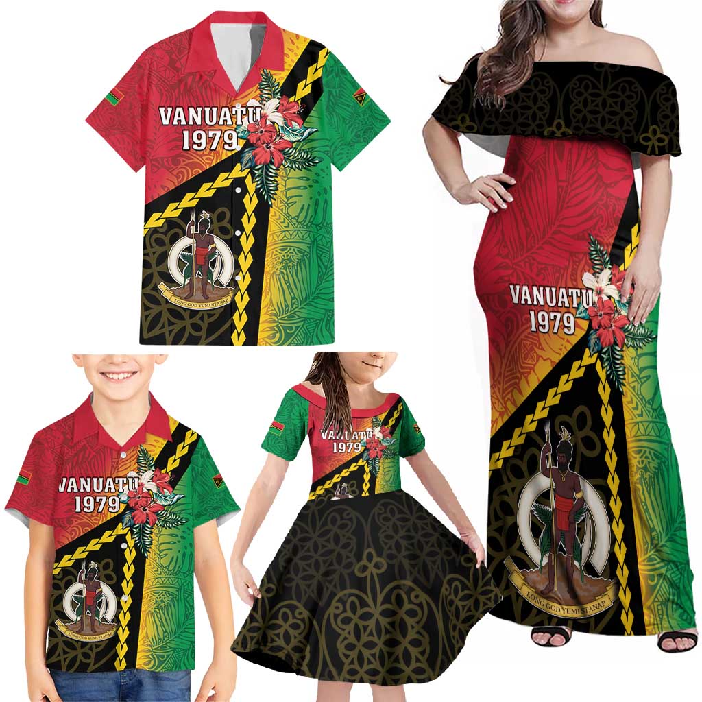 Happy Vanuatu Constitution Day Family Matching Off Shoulder Maxi Dress and Hawaiian Shirt Flag Style With Sand Drawing Pattern LT05 - Polynesian Pride