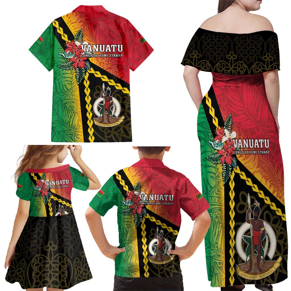 Happy Vanuatu Constitution Day Family Matching Off Shoulder Maxi Dress and Hawaiian Shirt Flag Style With Sand Drawing Pattern LT05 - Polynesian Pride