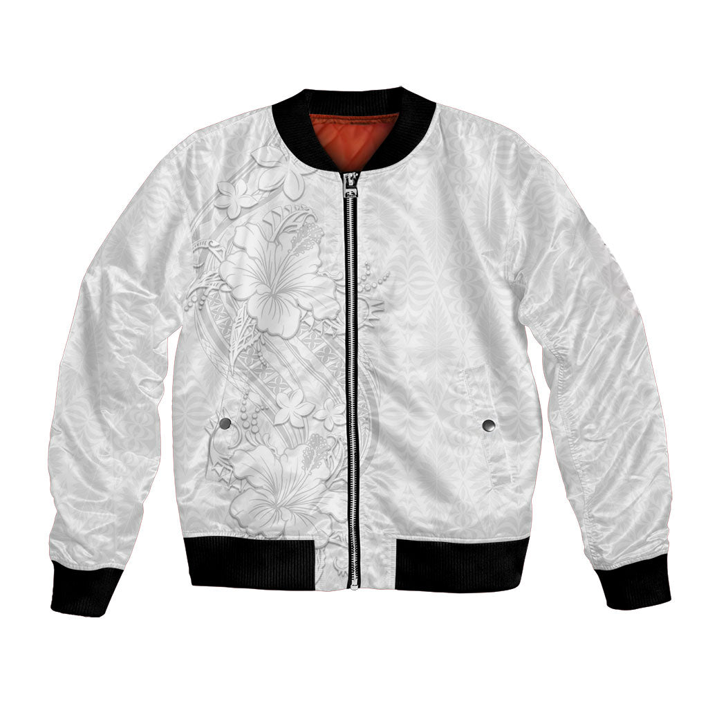 Tokelau White Sunday Bomber Jacket Elegant Hibiscus Polynesian Tribal Pattern