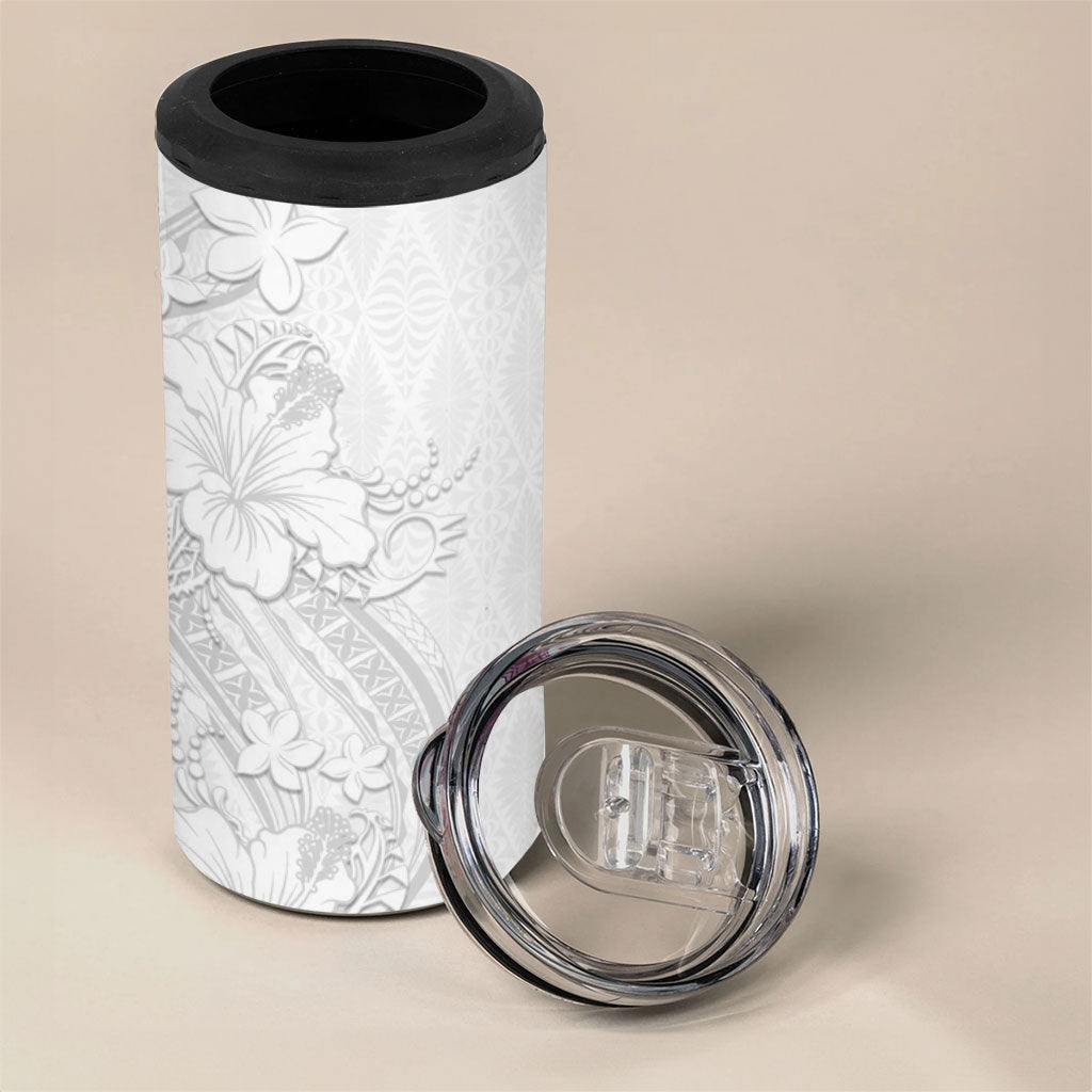 Tokelau White Sunday 4 in 1 Can Cooler Tumbler Elegant Hibiscus Polynesian Tribal Pattern